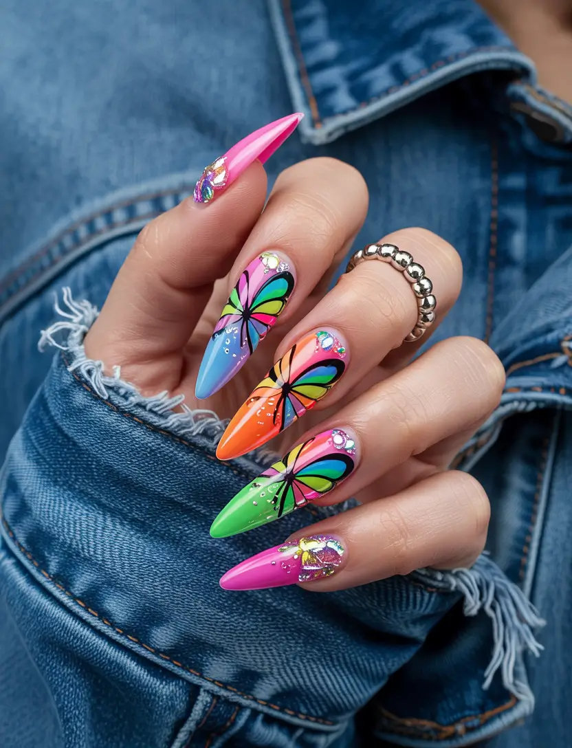 summer gel nail design ideas 2025 Butterfly Chrome Explosion
