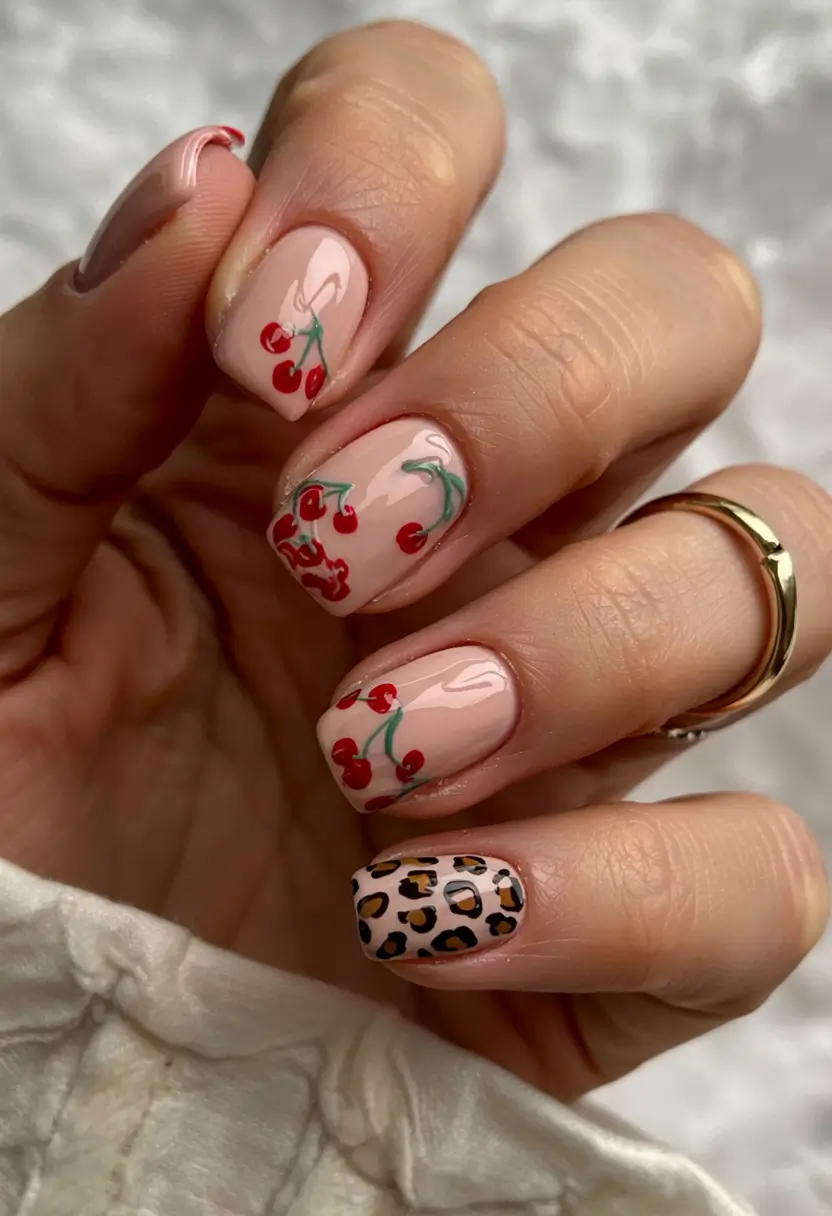 summer gel nail design ideas 2025 Cherry & Cheetah Hybrid
