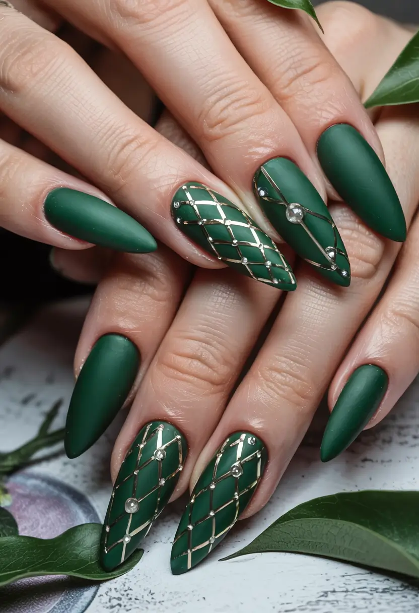 Summer Green Nails Ideas 2025 Elegant Emerald with Gold Grid Glam