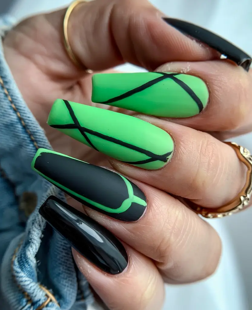 Summer Green Nails Ideas 2025 Neon Matrix with Matte Meets Gloss