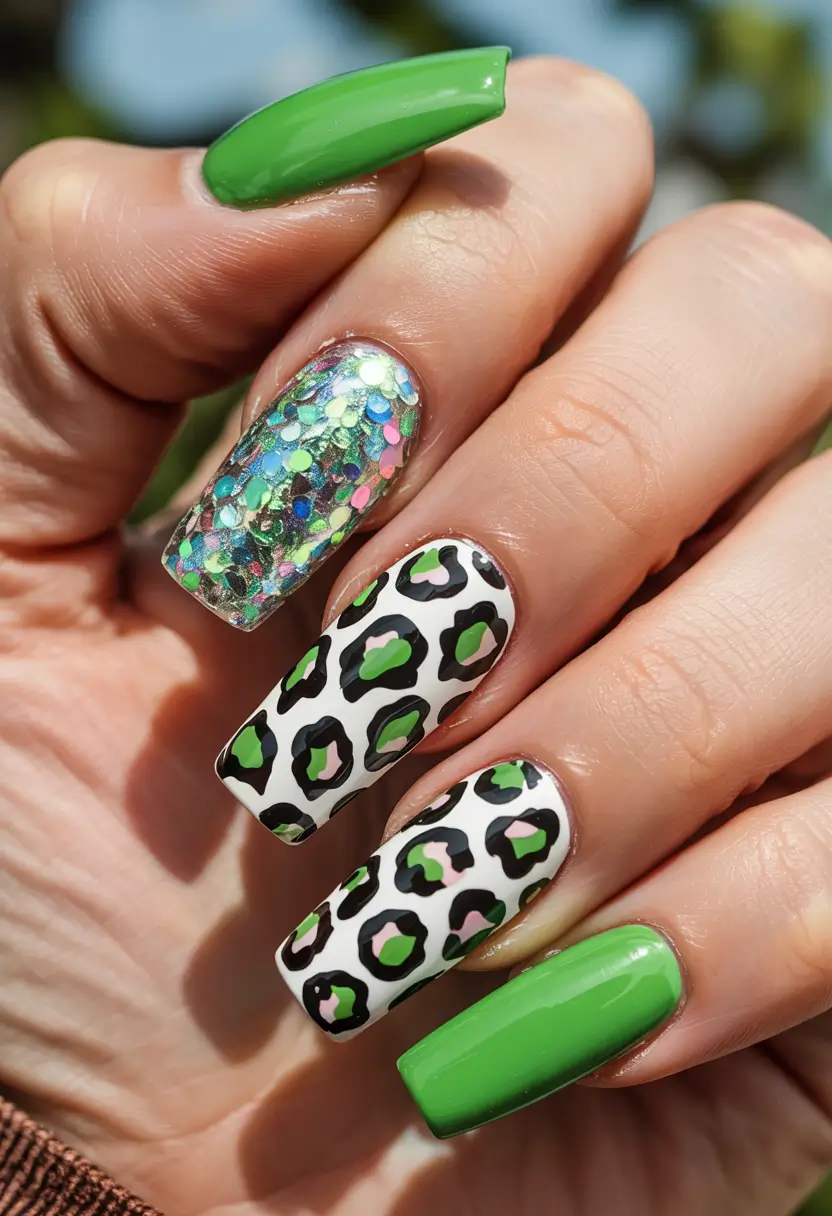 Summer Green Nails Ideas 2025 Green Pop with Leopard and Glitter Party