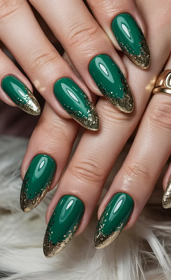 Summer Green Nails Ideas 2025 Gold-Tipped Evergreen Glam
