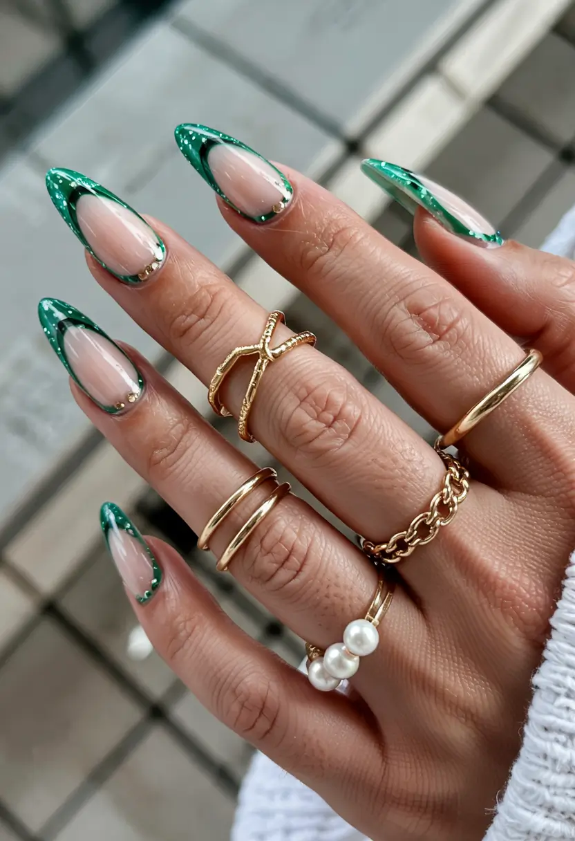 Summer Green Nails Ideas 2025 Reverse French Green with Crystal Detail