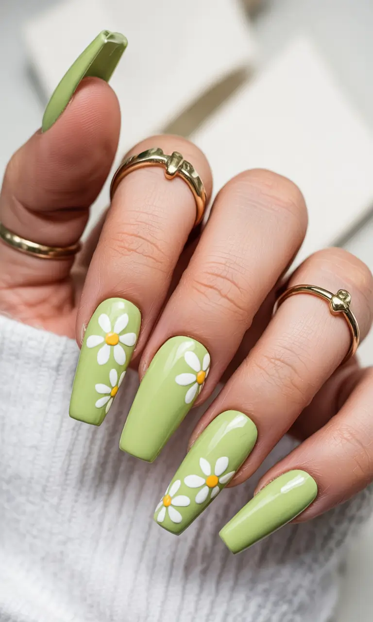 Summer Green Nails Ideas 2025 Soft Lime with Daisies
