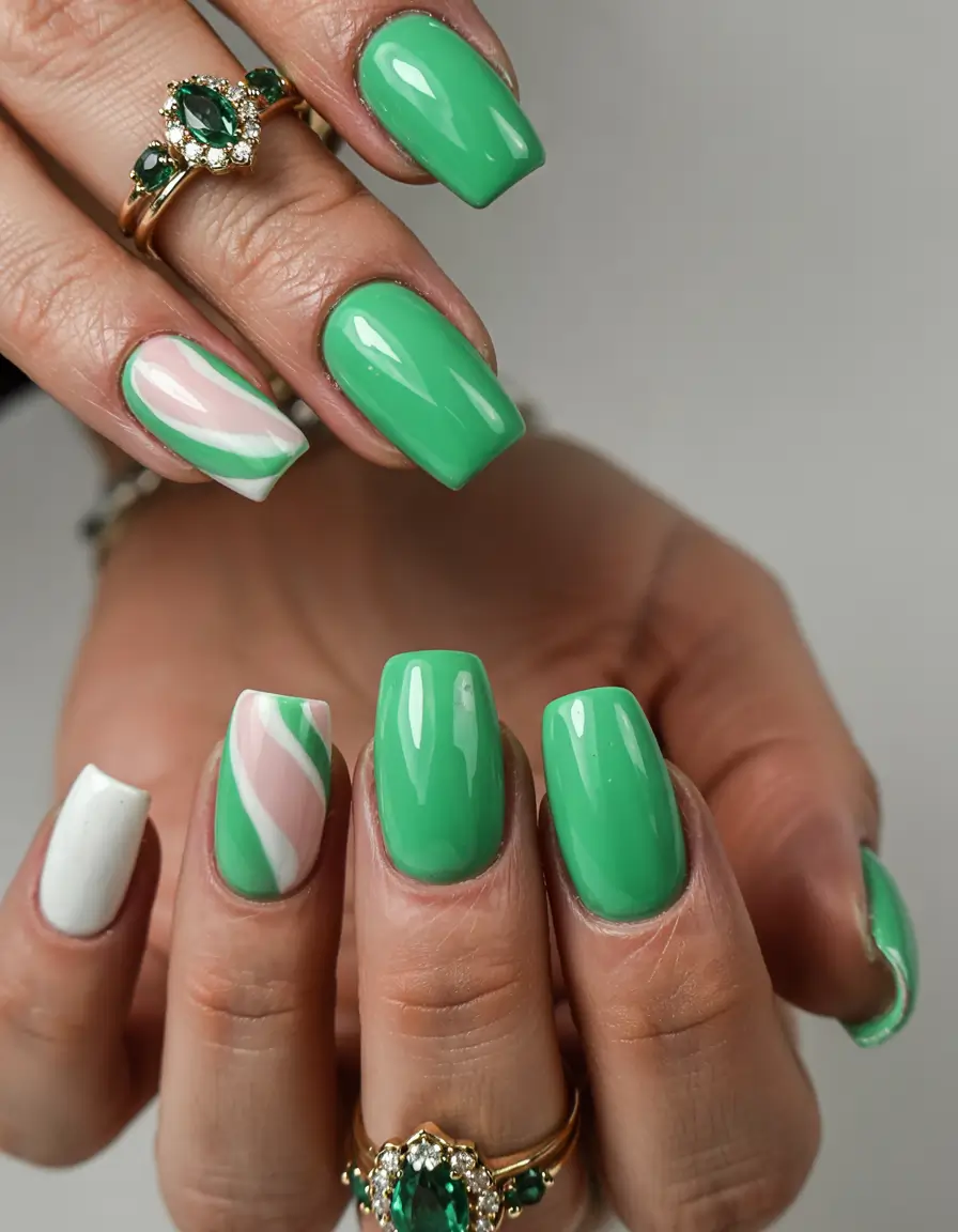 Summer Green Nails Ideas 2025 Mint Swirl Candy Chic
