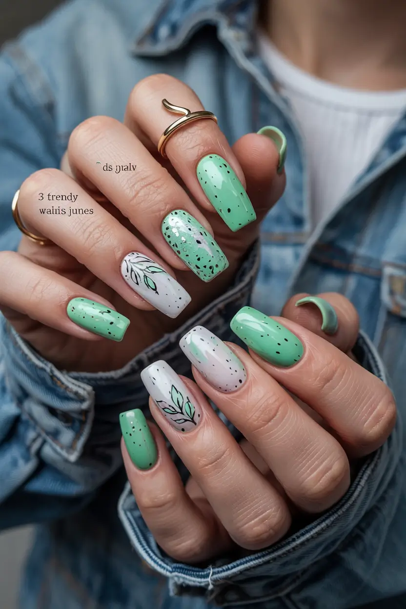 Summer Green Nails Ideas 2025 Speckled Mint and Botanical Whispers