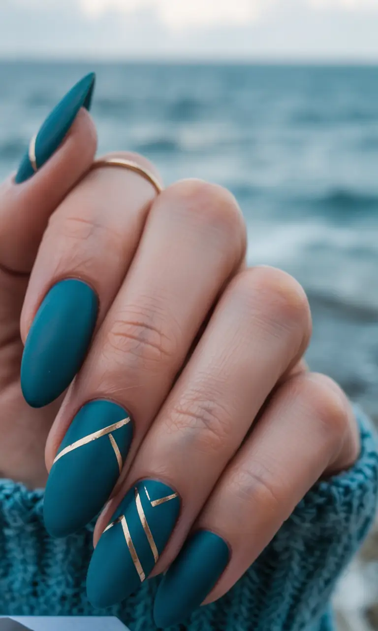 Summer Green Nails Ideas 2025 Matte Teal Lines by the Sea