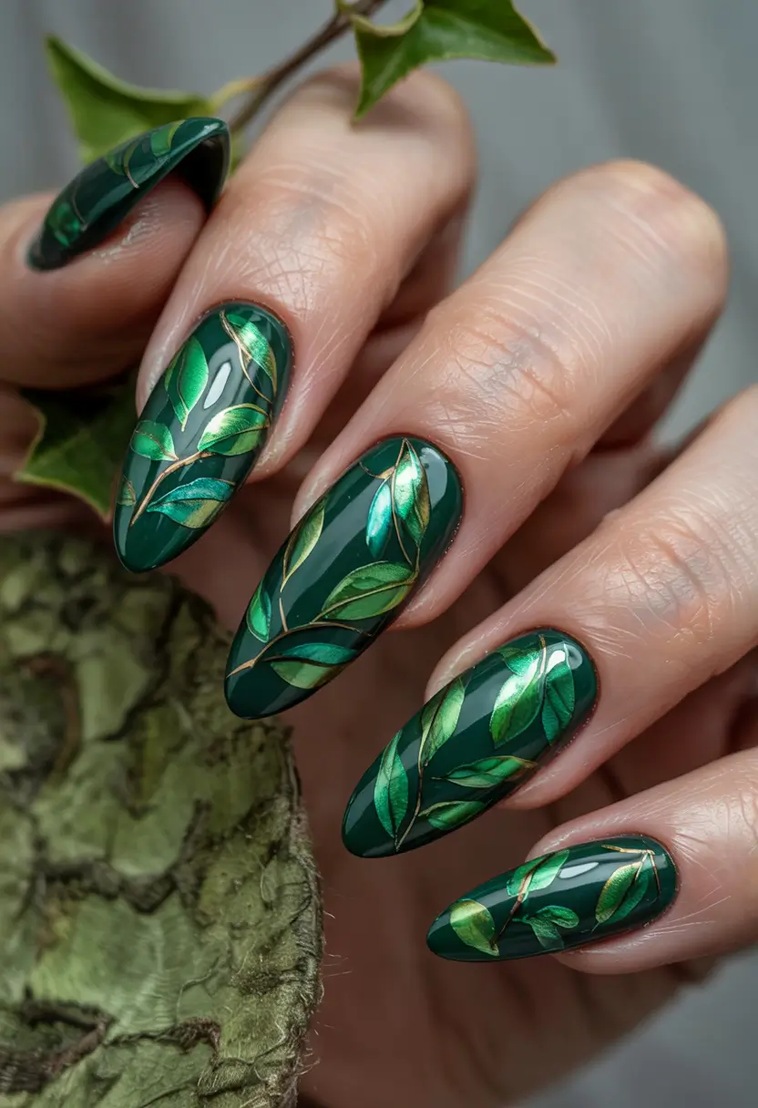 Summer Green Nails Ideas 2025 Jungle Leaves on Forest Gloss
