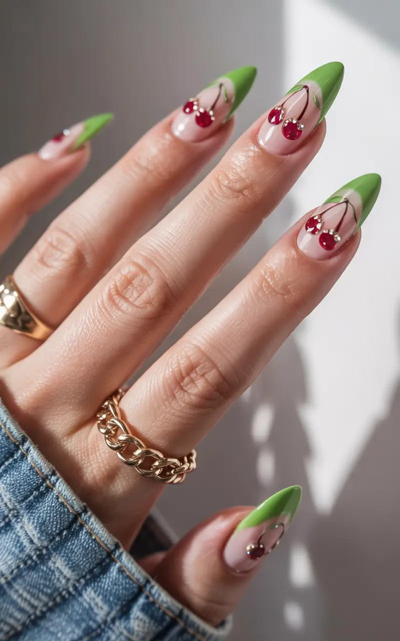 Summer Green Nails Ideas 2025 Glossy French with Cherry Accents