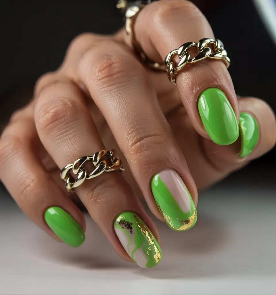Summer Green Nails Ideas 2025 Swirled Marble and Foil Greens