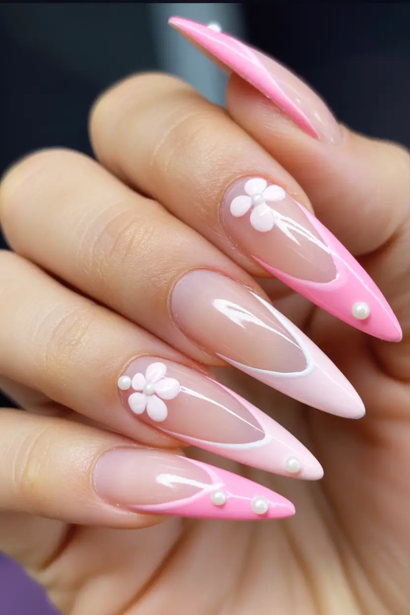 summer long nails ideas 2025 Pink Petal Tips