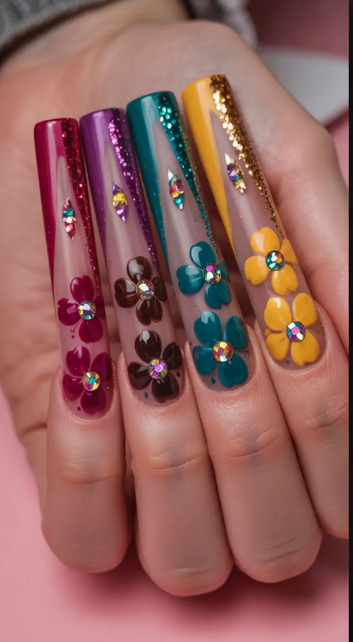 summer long nails ideas 2025 Gem-Studded Bloom