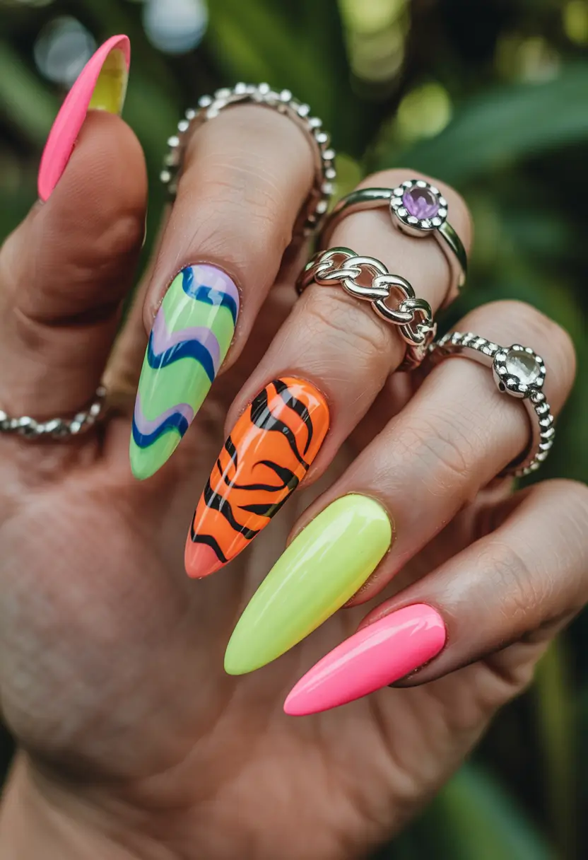 summer long nails ideas 2025 Electric Jungle Meets Retro Waves