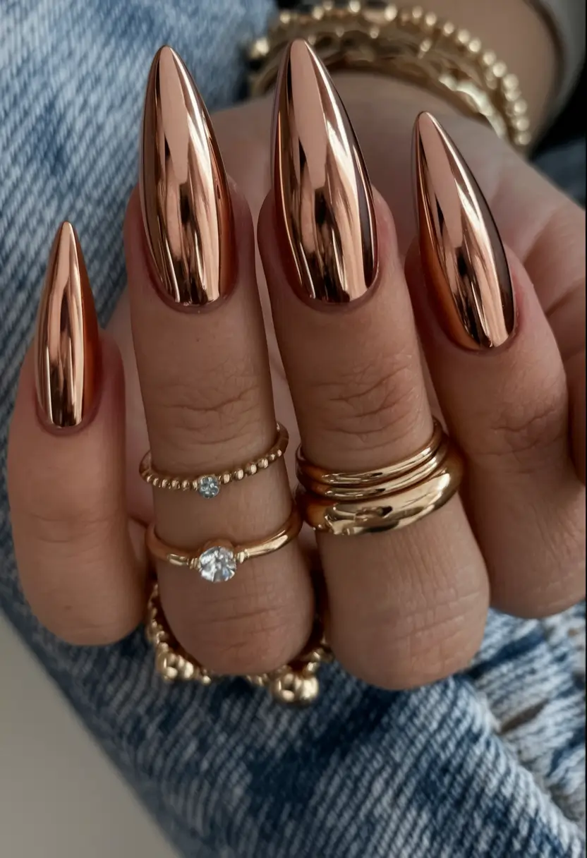 summer long nails ideas 2025 Molten Gold Chrome