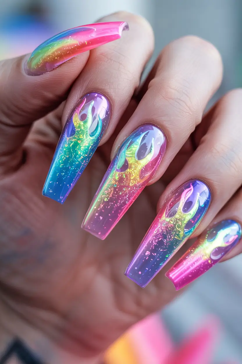summer long nails ideas 2025 Neon Heatwave