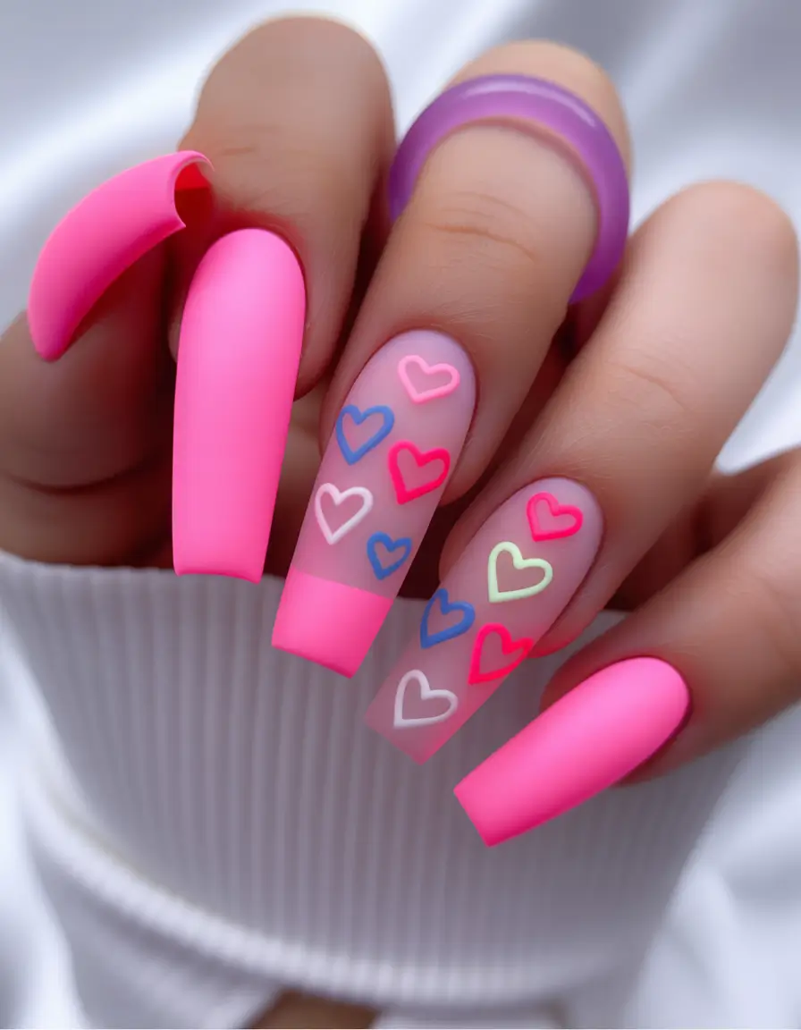 summer long nails ideas 2025 Neon Hearts & Bubblegum Vibes