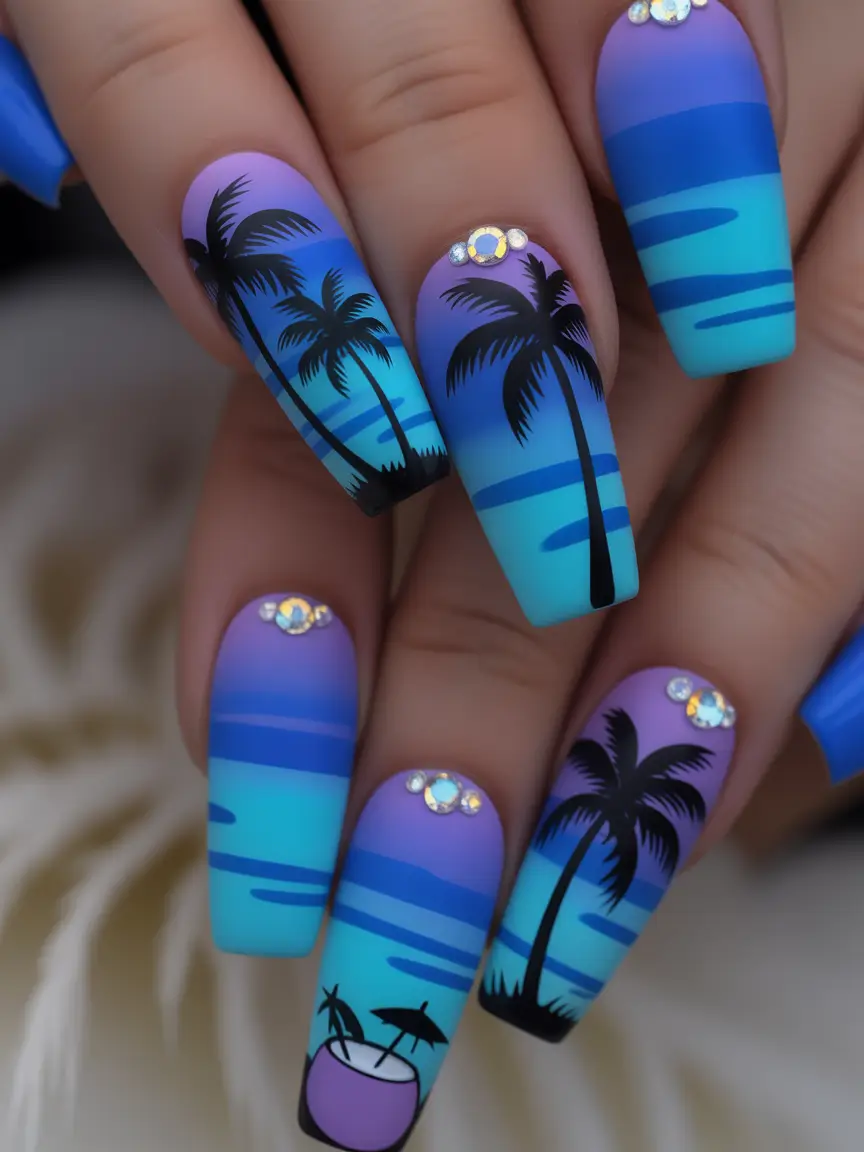 summer long nails ideas 2025 Sunset Palms & Ocean Vibes