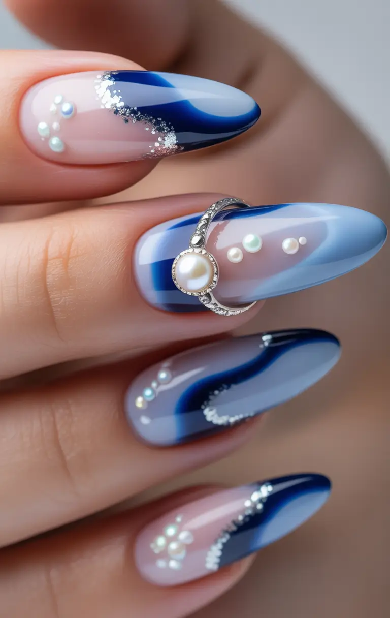 summer long nails ideas 2025 Navy Pearl Swirl