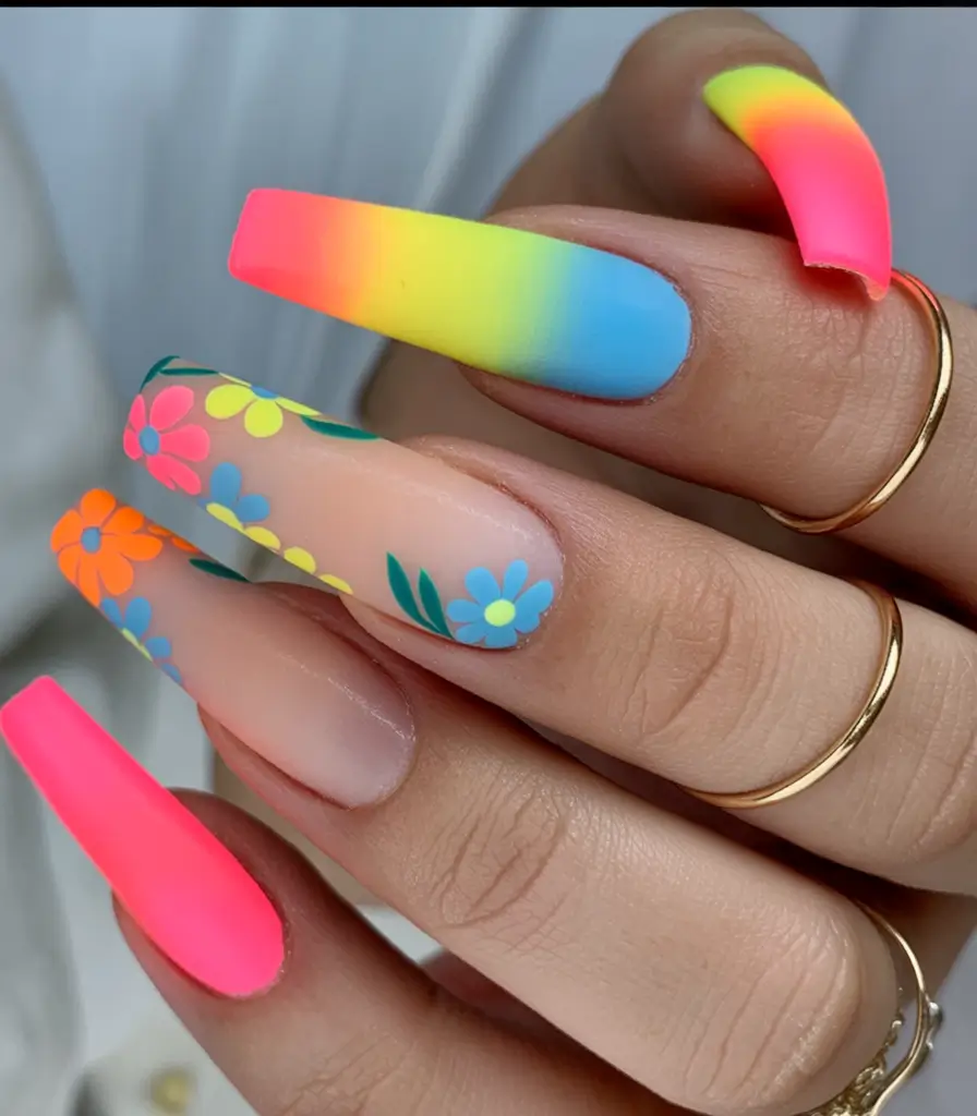 summer long nails ideas 2025 Neon Garden Party