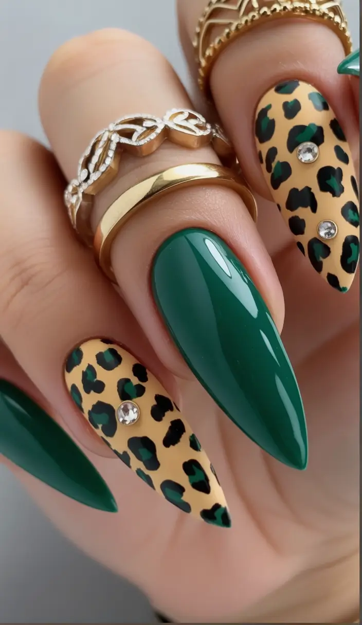 summer long nails ideas 2025 Leopard Luxe in Jungle Green
