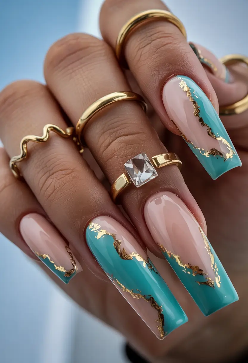summer long nails ideas 2025 Turquoise Marble with Gold Foil