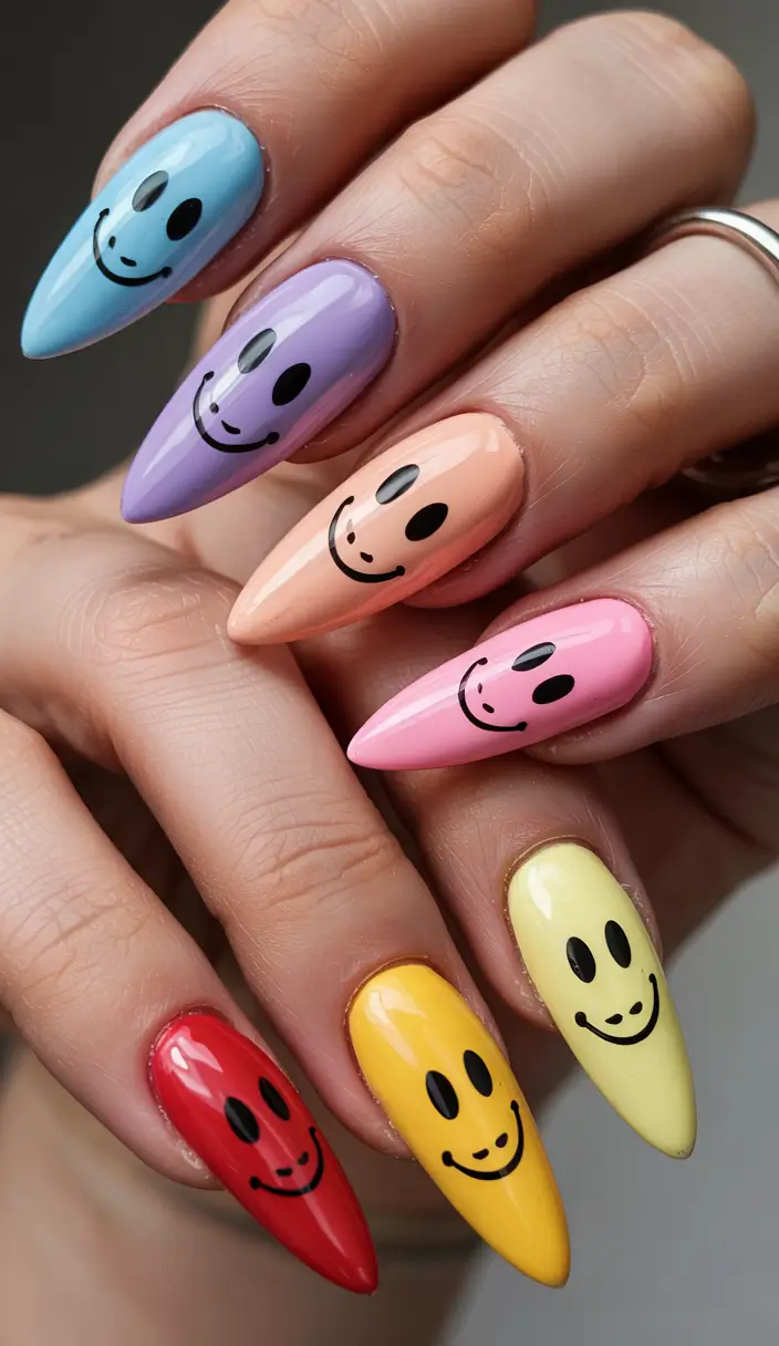 summer long nails ideas 2025 Rainbow Smiley Squad