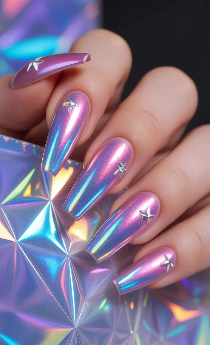 summer long nails ideas 2025 Galaxy Stardust