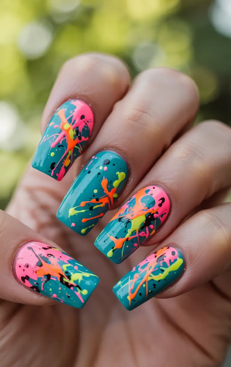 summer nail art ideas 2025+Neon Paint Splatter Energy