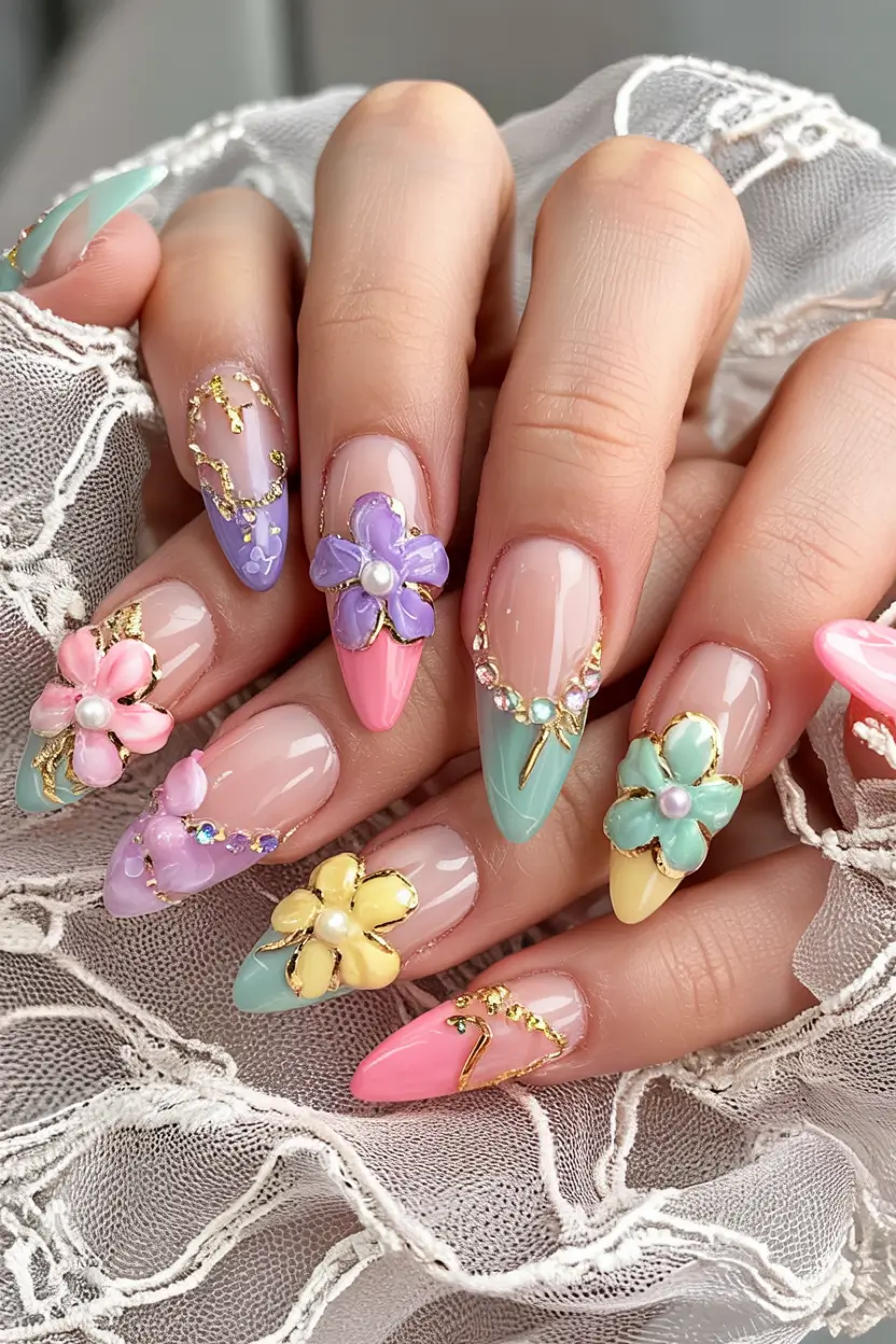 summer nail art ideas 2025+Gilded Petal Fantasy