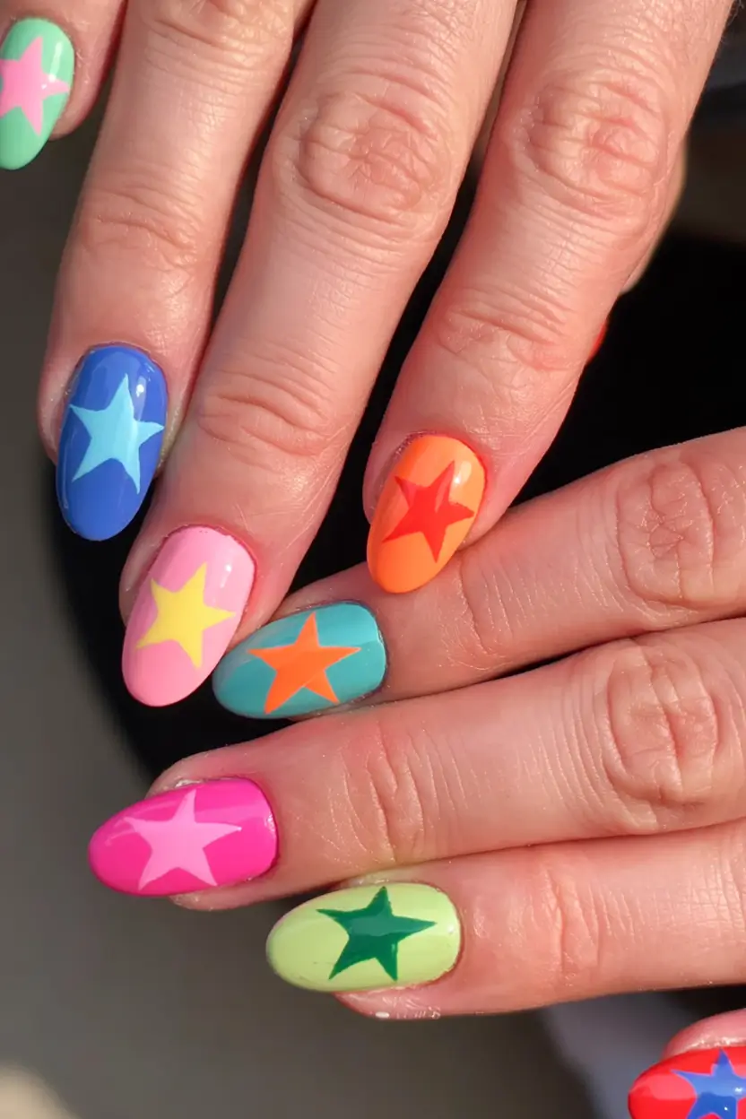 summer nail art ideas 2025+Rainbow Starburst Pop