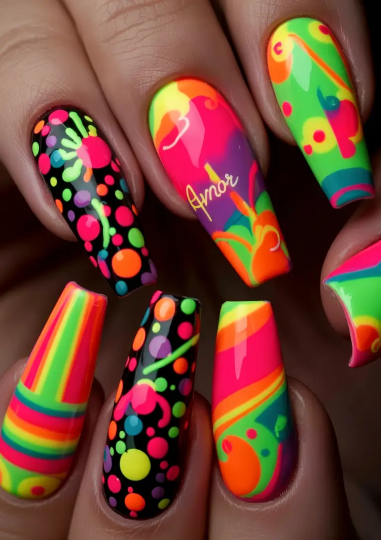 summer nail art ideas 2025+Electric Carnival Confetti