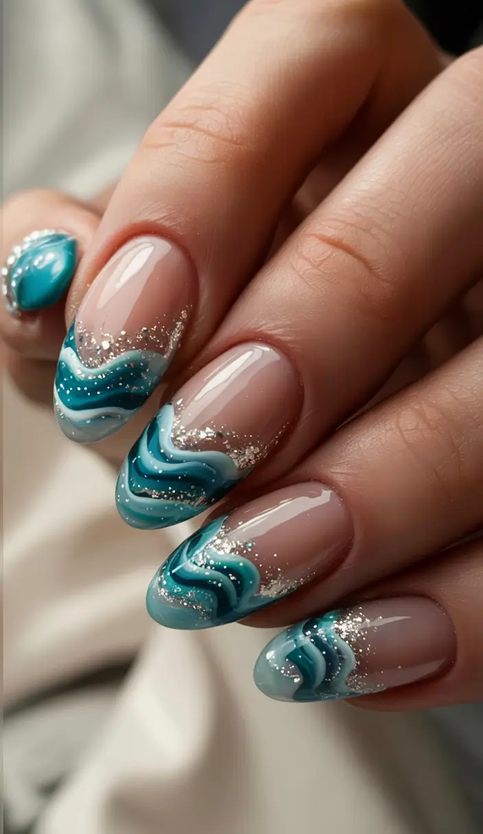 summer nail art ideas 2025+Ocean Wave Tips