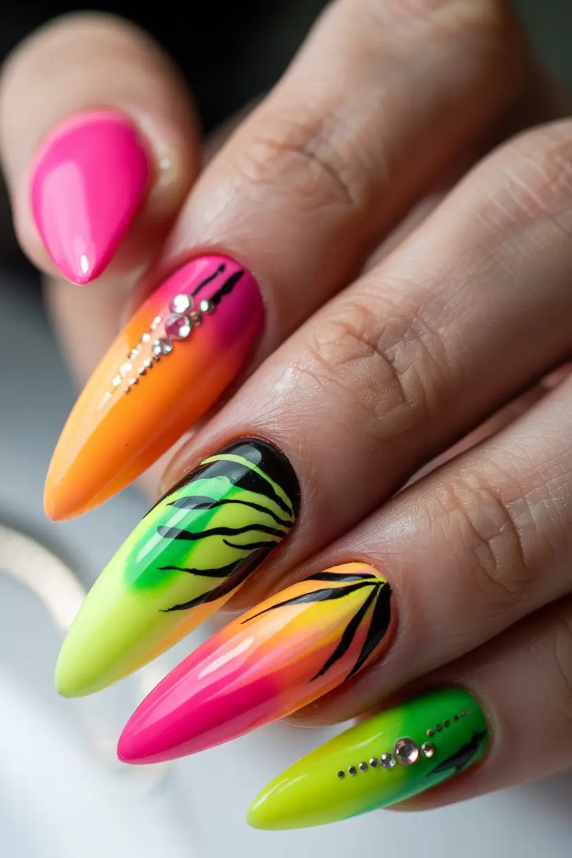 summer nail art ideas 2025+Glow Jungle & Safari Neon