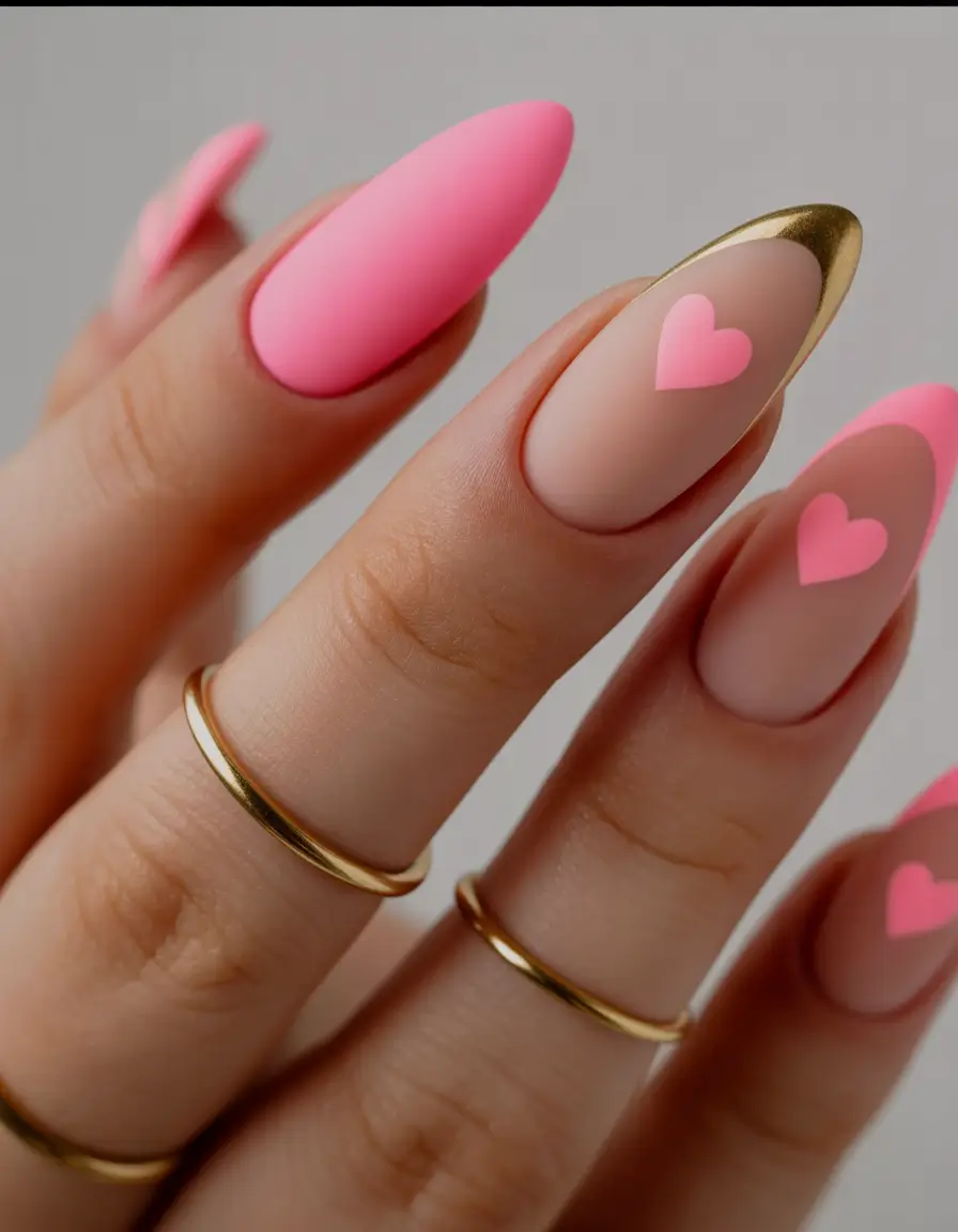 summer pink nails ideas 2025 Matte Hearts with a Golden Edge
