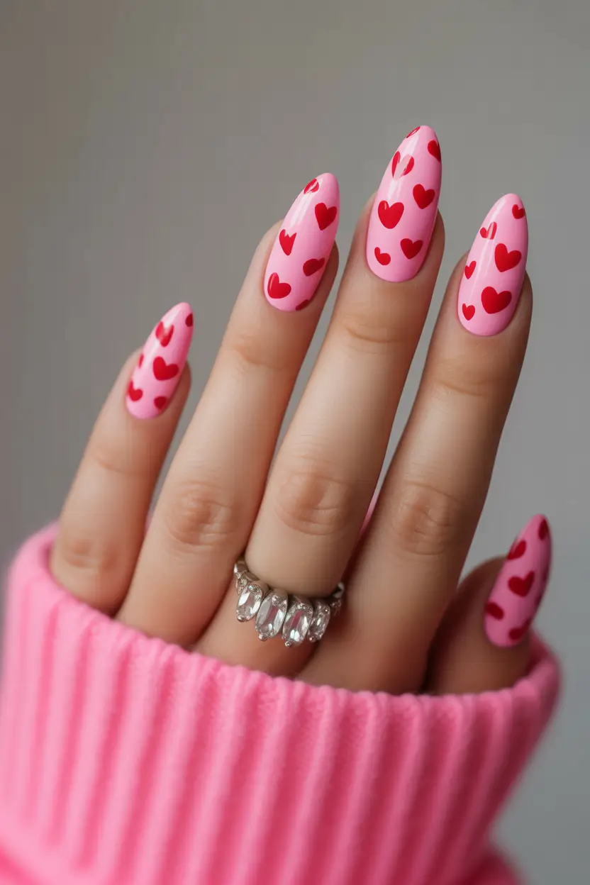 summer pink nails ideas 2025 Cherry Pop Hearts on Cotton Candy Pink