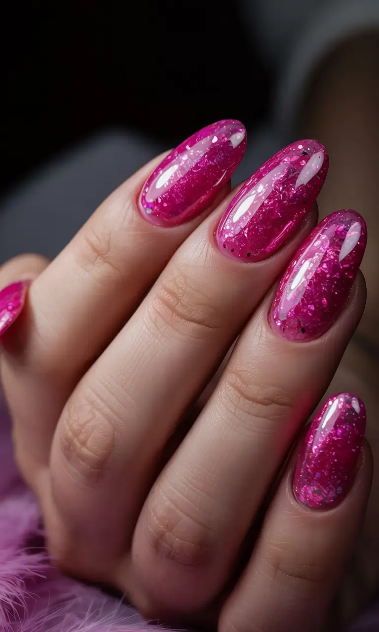 summer pink nails ideas 2025 Glamorous Pink Glitter for Sunset Evenings