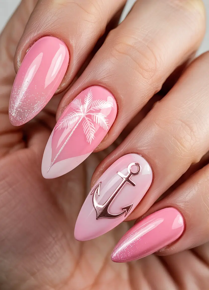 summer pink nails ideas 2025 Beach Babe Blush with Nautical Vibes