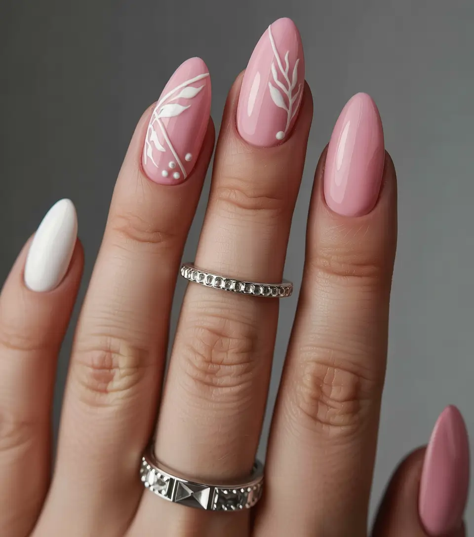 summer pink nails ideas 2025 Soft Botanical Sketches on Pink