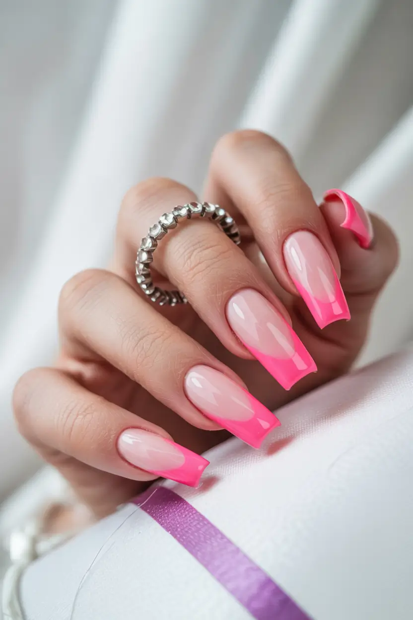 summer pink nails ideas 2025 Neon French With a Pop Princess Twist