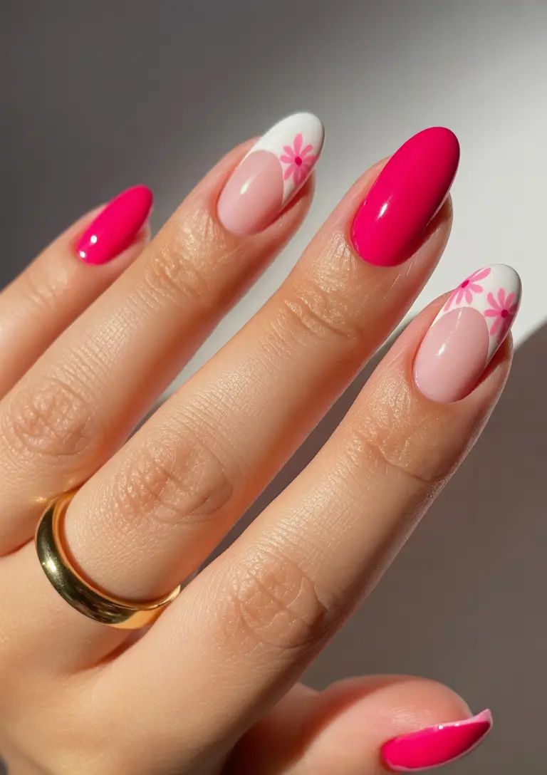summer pink nails ideas 2025 Bold Pink Meets Minimal Daisy Pop