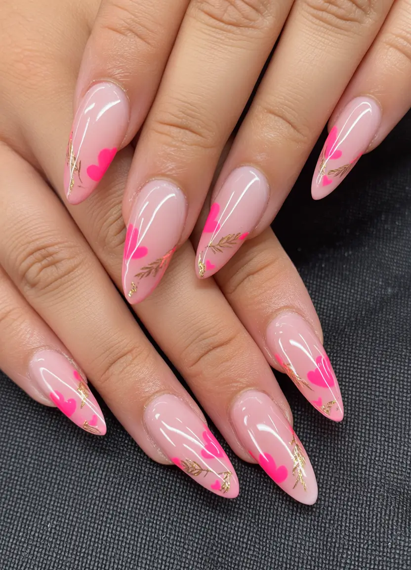 summer pink nails ideas 2025 Gold Leaf and Neon Heart Frenchies