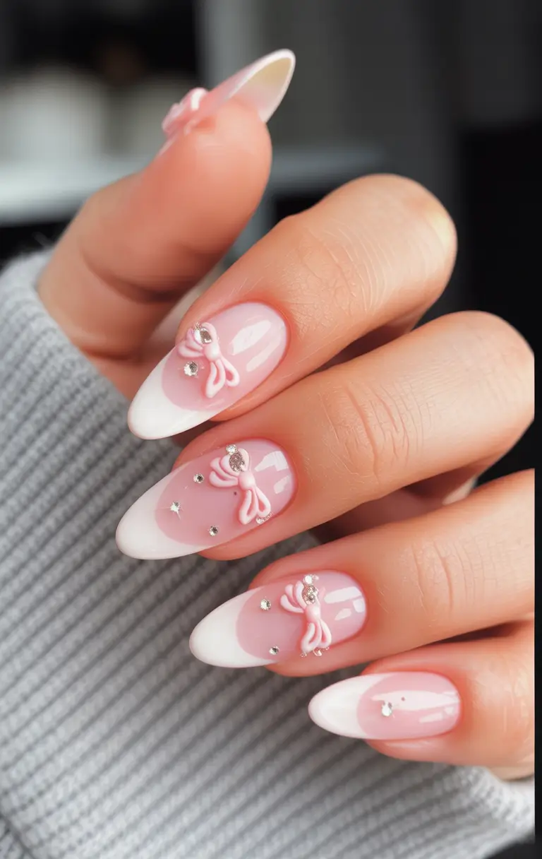 summer pink nails ideas 2025 French Bows and Crystal Studs