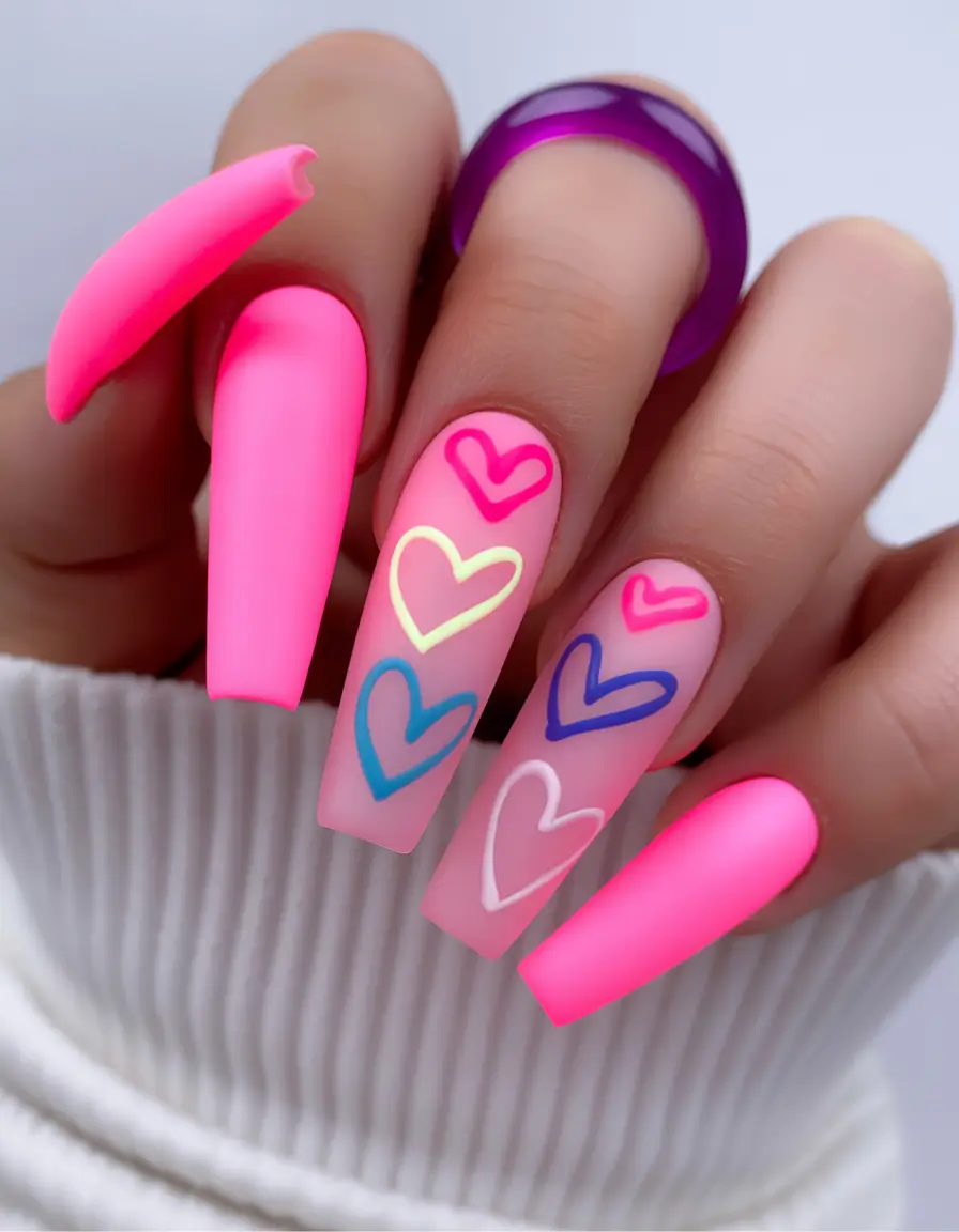 summer pink nails ideas 2025 Pop-Art Neon Hearts on Matte Pink