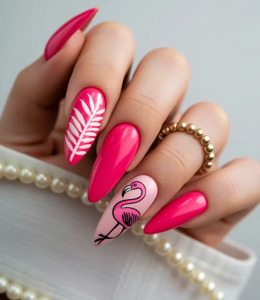 summer pink nails ideas 2025 Tropical Flamingo Chic