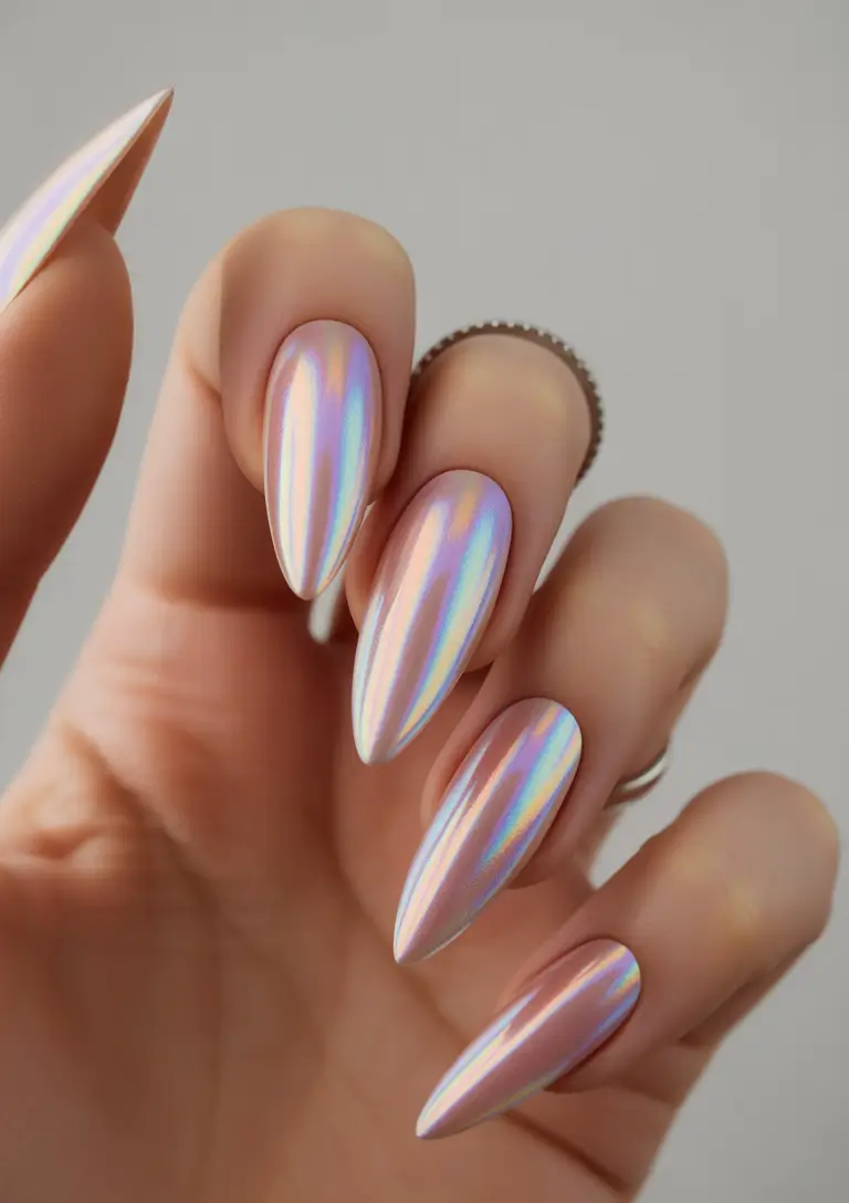 summer pink nails ideas 2025 Dreamy Holographic Almond Glow