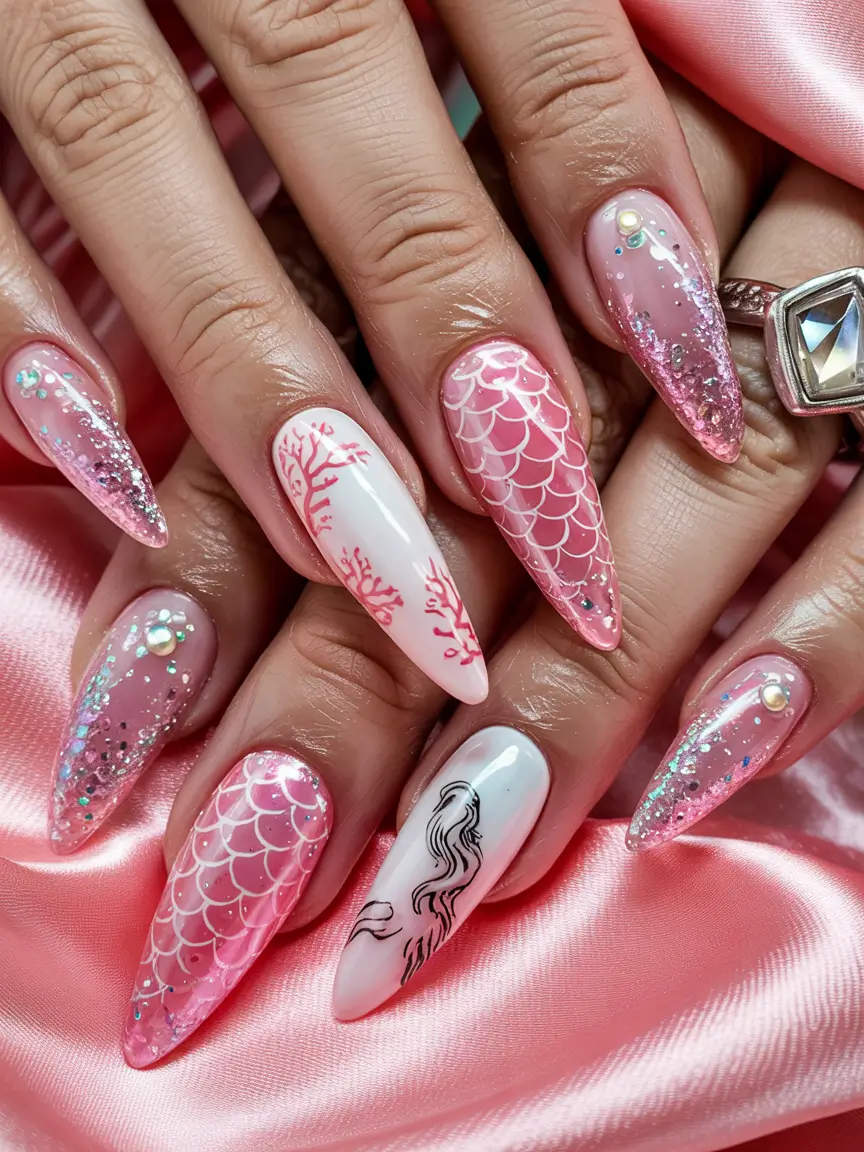 summer pink nails ideas 2025 Mermaidcore in Full Bloom
