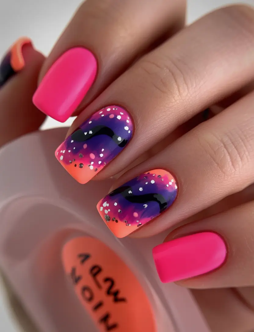 summer pink nails ideas 2025 Sunset Skies and Festival Vibes
