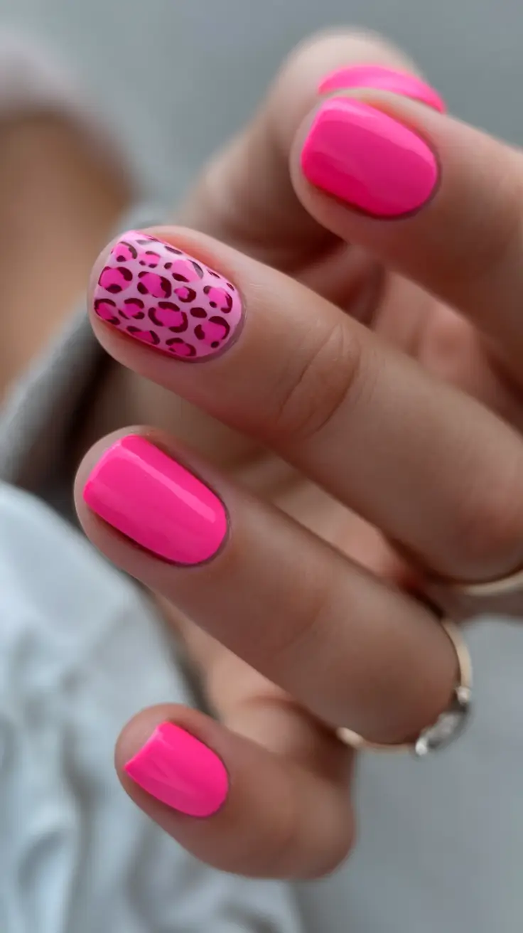 summer short acrylic nails ideas 2025 Pink Leopard with a Baddie Twist
