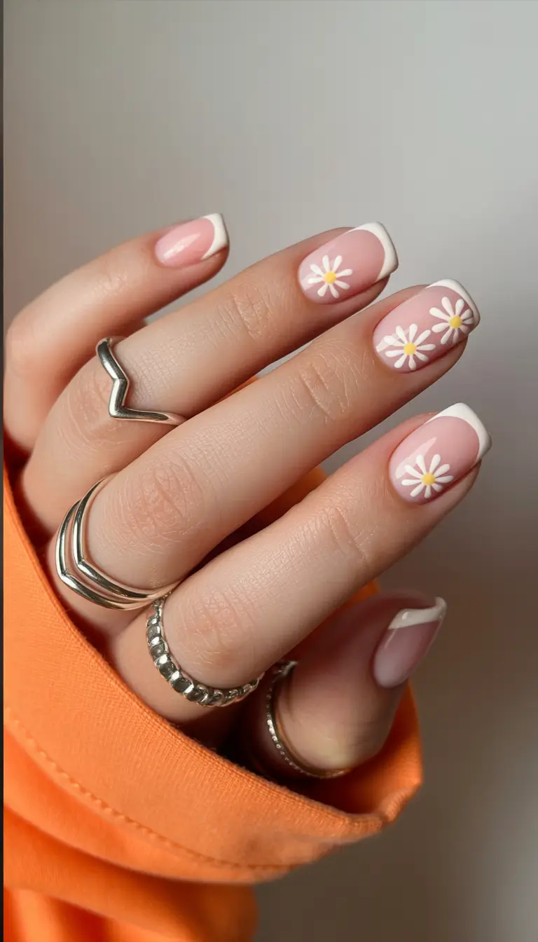summer short acrylic nails ideas 2025 Fresh Florals with a Classic French Twist