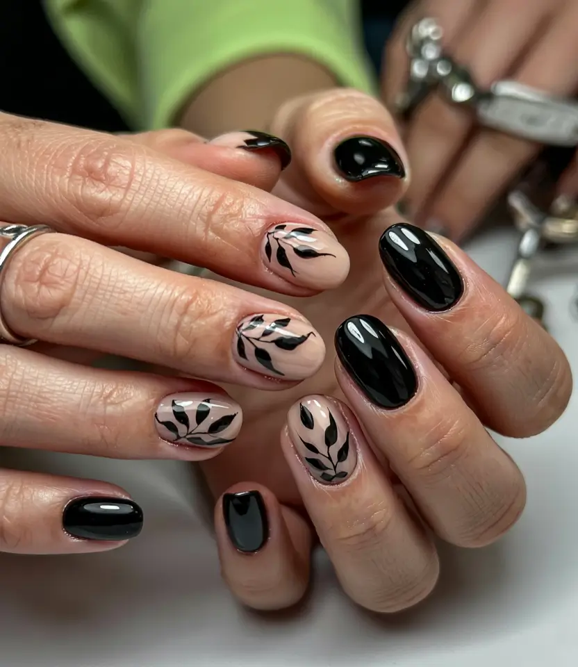 summer short acrylic nails ideas 2025 Moody Neutrals with Botanical Flair